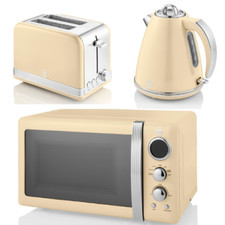 Swan Retro Jug Kettle, 2 Slice Toaster & Digital Microwave Cream VIntage Set