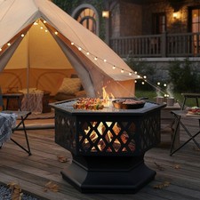 Outdoor Fire Pit  Steel Fire Hexagon Grill Fire Pit with Mesh Screen Cover