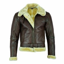 Mens B3 RAF Flight Aviator Bomber Leather Jacket Fur Collar Real Sheepskin Brown