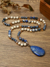 Boho Lapis Lazuli Pendant Necklace Natural Stone Beads Long Chain Women Gift