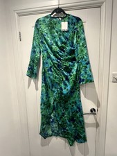Zara Green Blue Floral Print Satin Ruched Front Midi Dress Ladies Size M NWT