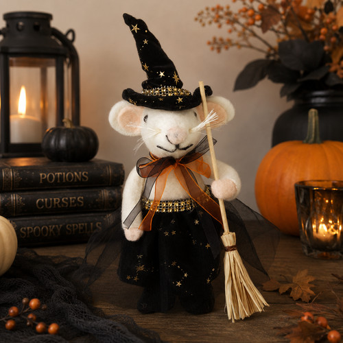 Felt witch mouse with broom - with,