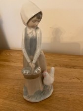 Lladro Nao Figurine Girl With Hen And Basket Of Chicks.