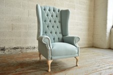 BRITISH HANDMADE DUCK EGG BLUE LINEN FABRIC CHESTERFIELD WING CHAIR, HIGH BACK