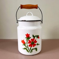 French Country White Milkcan Enamelware Bidon Red Flower Vintage Soviet Milk Jug