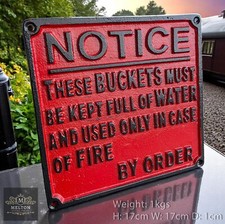 Railway Sign For Fire Bucket Warning - Red & Black Solid Cast Iron Sign