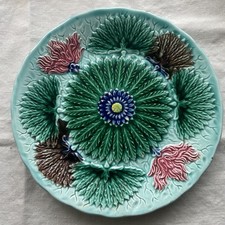 Sarreguemines U & C/S Majolica Antique High Relief Turquoise Floral Plate c1840