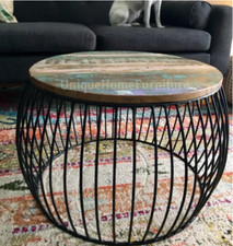 Round Coffee Table Vintage Industrial Furniture Rustic Metal Solid Wood End Unit