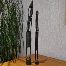 2 South African Figures Tall Wooden Hand Carved Stick Statues 15 To 17ins Brown 