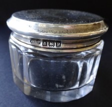antique Edwardian h/m 1914 SILVER & glass cream perfume vanity pot & top