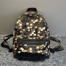 Longchamp Le Pliage Backpack Brown Multicolor Abstract Brushstroke Leather Trim