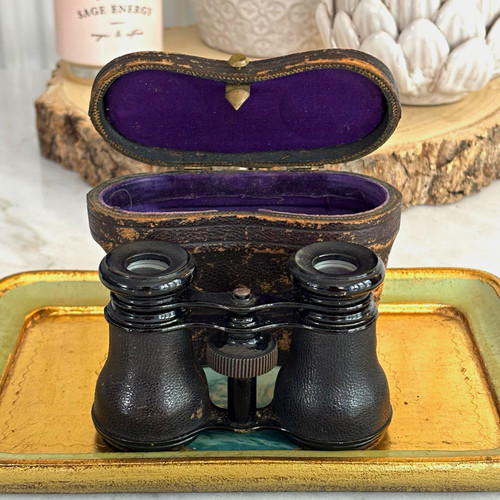 Antique black leather opera - leather,