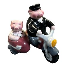 Pink Pigs Salt & Pepper on Motorcycle with Side Car Clay Art Ceramic Bikers