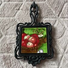 Vintage Cast Iron Trivet With Ceramic Tile & Handle fruit Apples Kitchen Decor