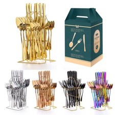 24PC CUTLERY DINNER SET STAINLESS STEEL METAL STAND RACK FORKS TEA SPOONS POLISH