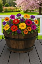 Wooden Barrel Planter 24cm Burnt Wood Rustic Garden Flower Pot Tub with Handles