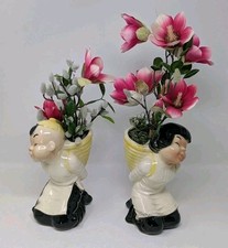 Vintage Royal Copley Asian Oriental Boy Girl Large Basket Ceramic Planters Set