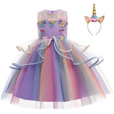 Kids Girls Unicorn Tutu Dress Up Costume Rainbow Fancy Party Outfit Headband Set