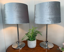 PAIR OF SILVER CHROME BEDSIDE TABLE LAMPS LAURA ASHLEY GREY VELVET SHADES 20" H