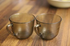 Acroroc Ridged Smoked Glass Cup Ridged x 2 Vintage French Saucer Mugs 1970s
