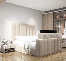 Arizona Upholstered Panel TV Bed  Frame In Plush Velvet With Gas Lift Storage UK