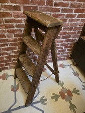 Antique French 4 Rung Strp Ladder Pine Wood Library