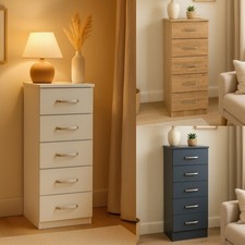 Narrow 5 Drawer Tallboy Chest of Drawers Bedroom Storage Modern Furniture Unit