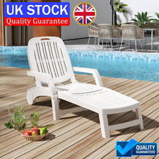 Folding Sun Lounger Plastic Outdoor Garden Chair Sun Bed Seating Relaxing White