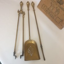 Vintage Large Solid Brass Fireside Companion Set 3 Shovel Tongs Poker 