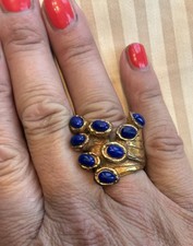 Yves Saint Laurent YSL Art Deco Navy Blue Enamel Chunky Ring Size O Gold