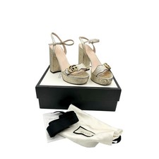 Gucci Marmont Platform Sandals IT 37 UK 4 US 7 Gold Foil Leather GG Logo Box