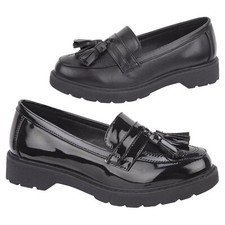 GIRLS BLACK SCHOOL SHOES KIDS TASSEL SLIP ON LOAFERS TEENS SHOE UK SIZE 13-5