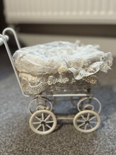 VINTAGE Antique Old LACE METAL BABY STROLLER PRAM for doll