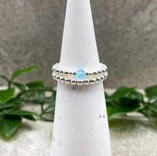 Sterling silver MARCH birthstone ring Aquamarine stretch beaded stacking