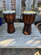 DJEMBE Bongo Drum Hand Painted Carved One Piece Wood ~ Pair (x2) Djembe Drums