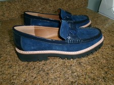 Donald Pliner Helio Suede Bit Buckle Detail Lug Sole Platform Loafers-8.5M- Blue