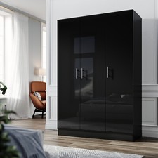 Modern Black Gloss 3 Door Triple Wardrobe with Hanging Rail & Shelves Cupboard