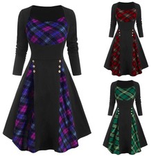 Womens Crew Neck Plaid Check Skater Dress Steampunk Gothic Party Swing Dresses