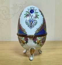 Vintage Fabergé Style Hand Painted Egg Trinket Box Porcelain Floral Hinged