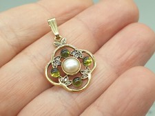 14ct Yellow Gold Pearl Peridot Diamond Pendant 14K 585 Antique Victorian Style