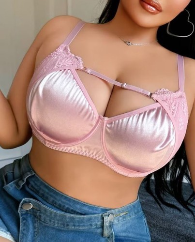 Pink satin lace bra - satin,