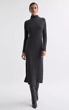 REISS Cady Knitted Roll Neck Midi Dress in Charcoal/Grey