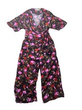 Zara Jumpsuit Size L Womens EU 44 Vintage Black Floral Wrap Style Tie Side