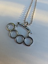 Small Silver Tone Novelty Brass Knuckles Duster With Ball Chain Necklace