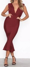 FOREVER UNIQUE DEEP RED LACE BODICE PLUNGE PENCIL BANDAGE MIDI DRESS UK 10