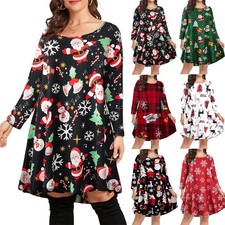 WOMEN'S LADIES LONG SLEEVE SNOWMAN CHRISTMAS PARTY FLARE XMAS SWING DRESS 14-26