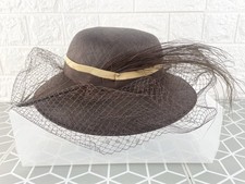 Vintage Ladies Emma Bermona Brown Brimmed Hat With Net Bow And Feather England