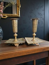 Mid Century Vintage Indian Brass Candlestick Pair With Engraved Bases