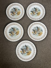 Vintage Gainsborough Porcelain Flying Geese Dinner Plates x 5 Gilt Trim VGC