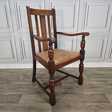 Antique Oak Carver Chair – Arts & Crafts Influence – Turned & Shaped Armchair